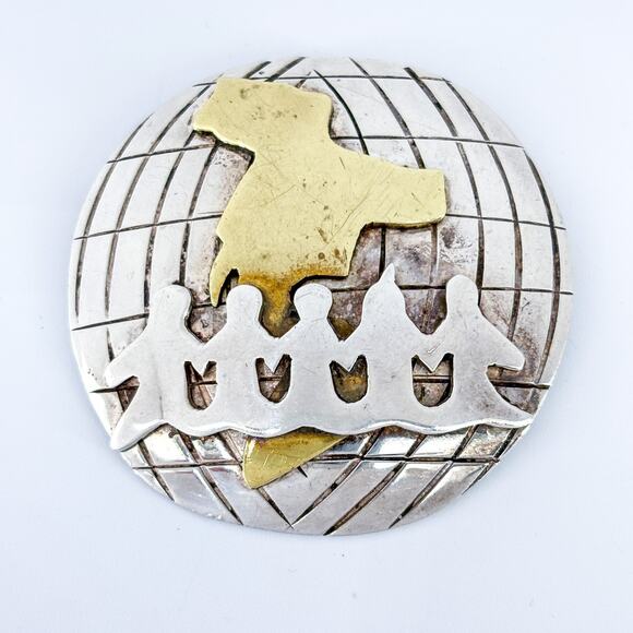 Vintage Sterling Silver 925 Mixed Metals Globe Unity Brooch Pin - Picture 3 of 7